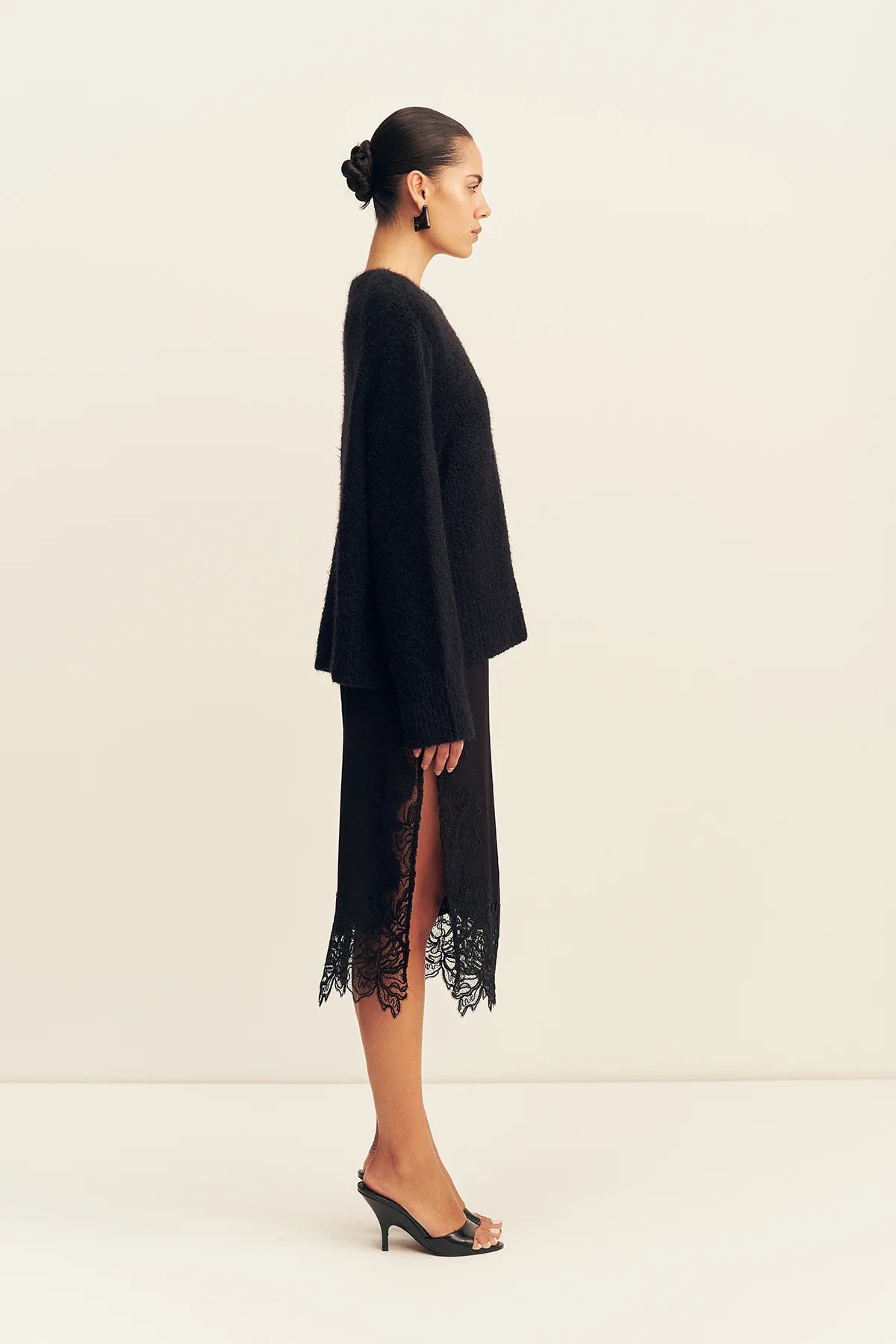 Eniko lace split midi skirt, black