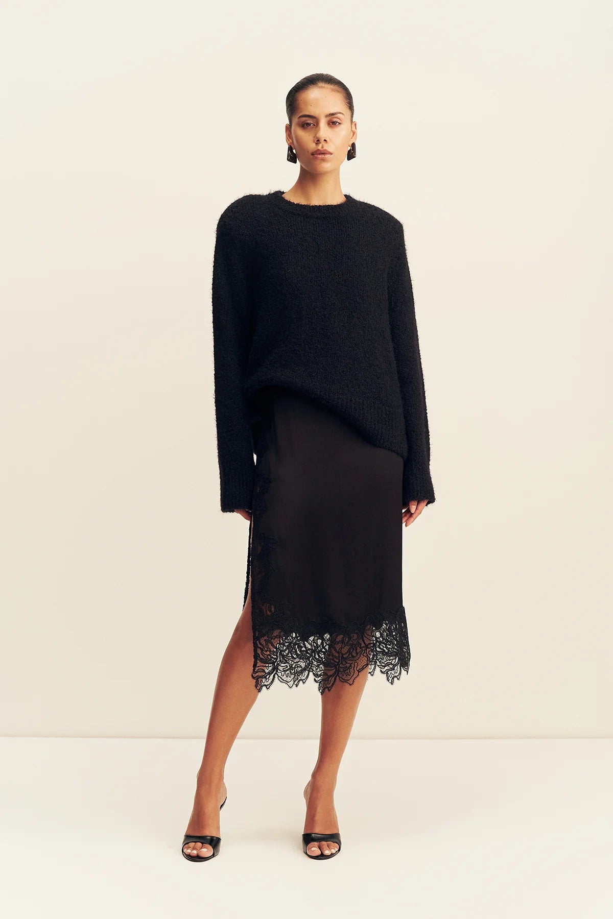 Eniko lace split midi skirt, black