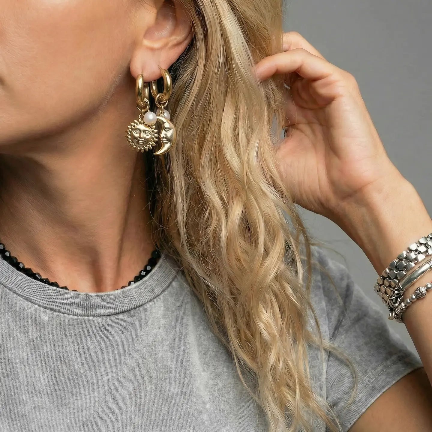 Moon + sun charm earrings, gold