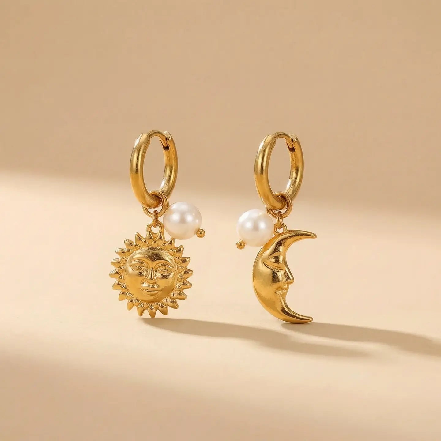 Moon + sun charm earrings, gold
