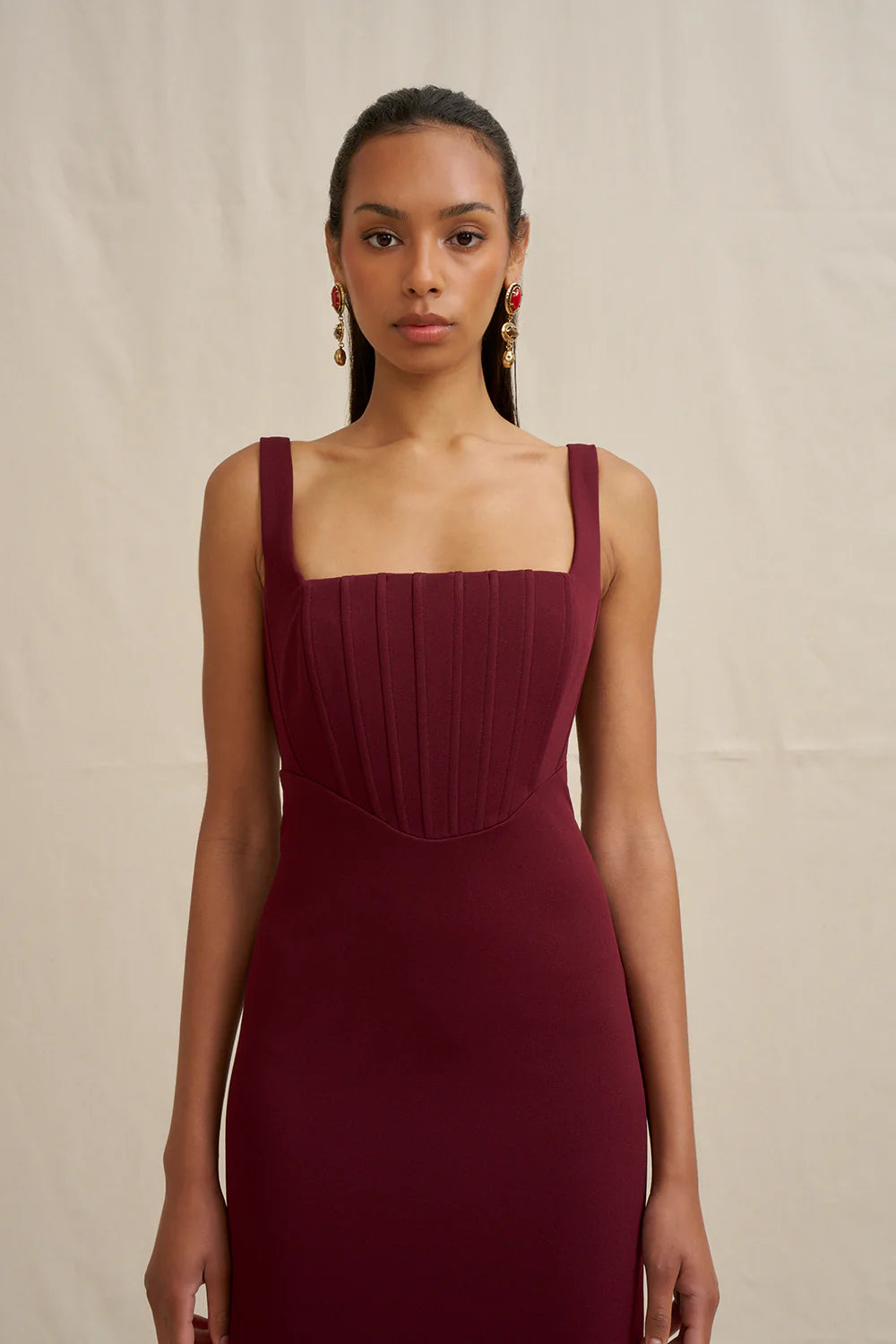 Basia bodice midi dress, burgandy