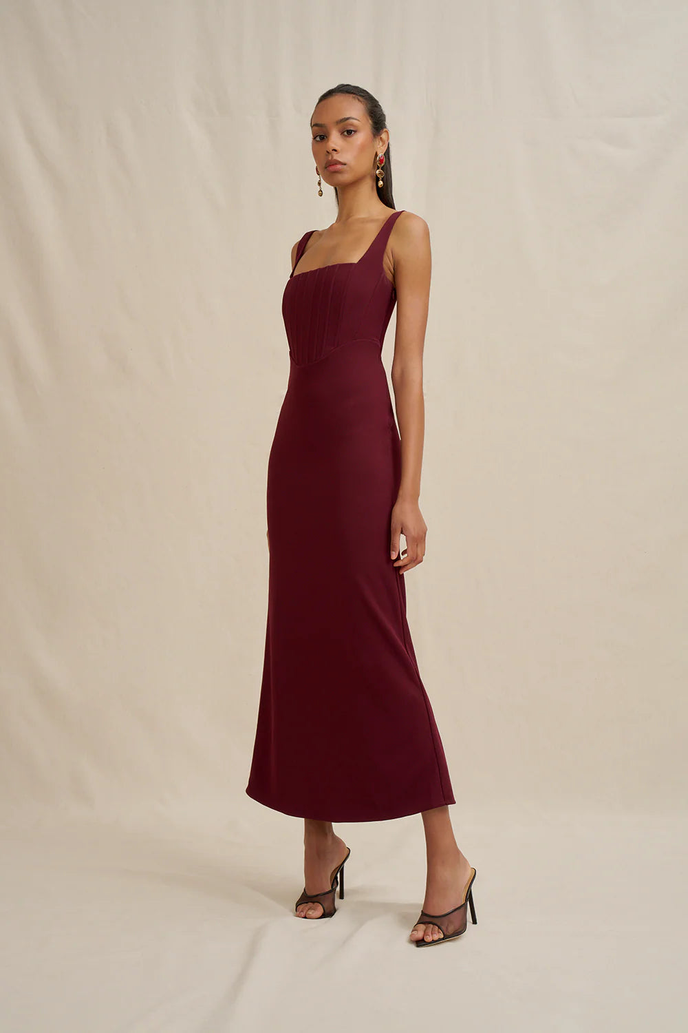 Basia bodice midi dress, burgandy