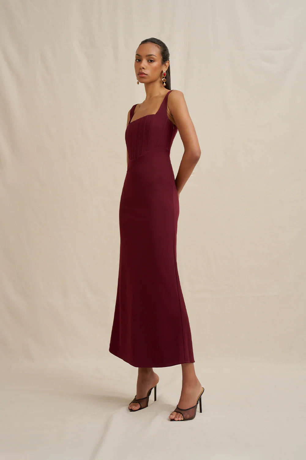 Basia bodice midi dress, burgandy
