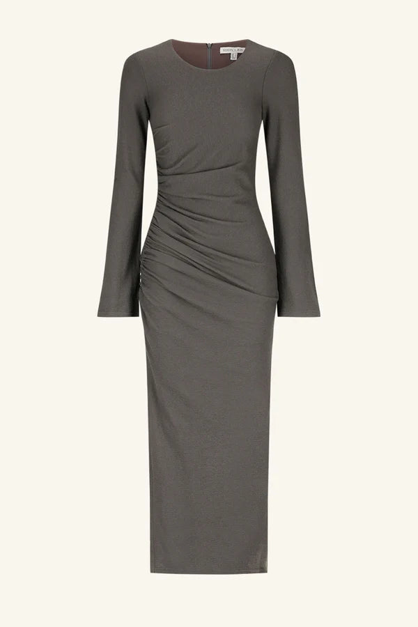 Beau Gathered Long Sleeve Midi Dress - Dark Ash