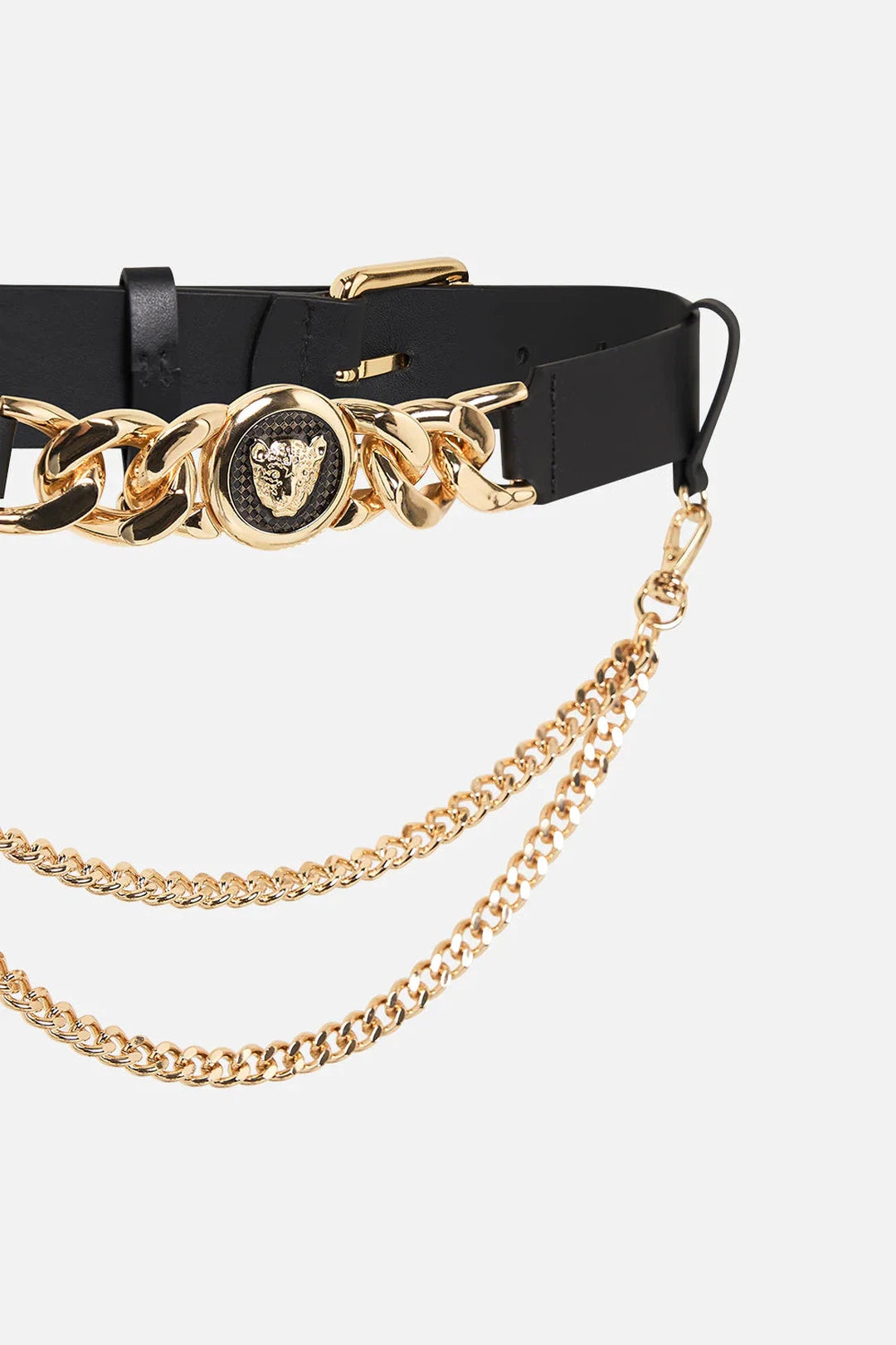 Leopard Button Belt With Chains, Solid Black