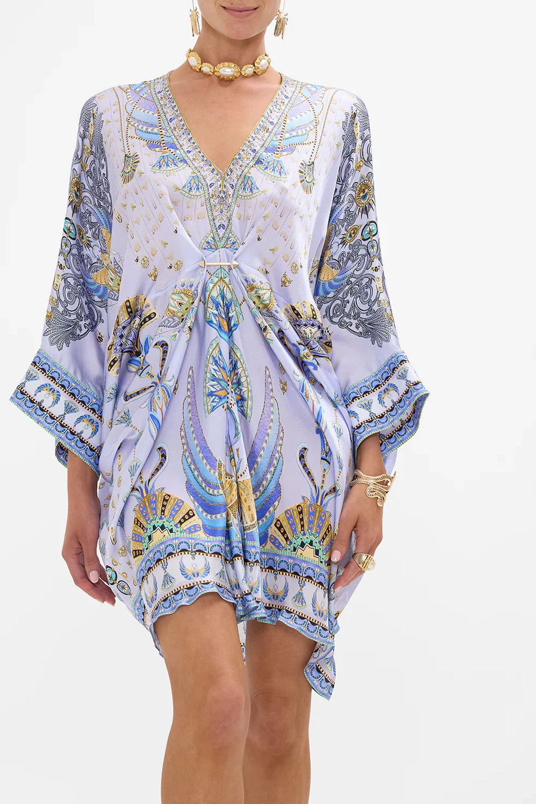 Pierced V neck short kaftan, under scarab skies