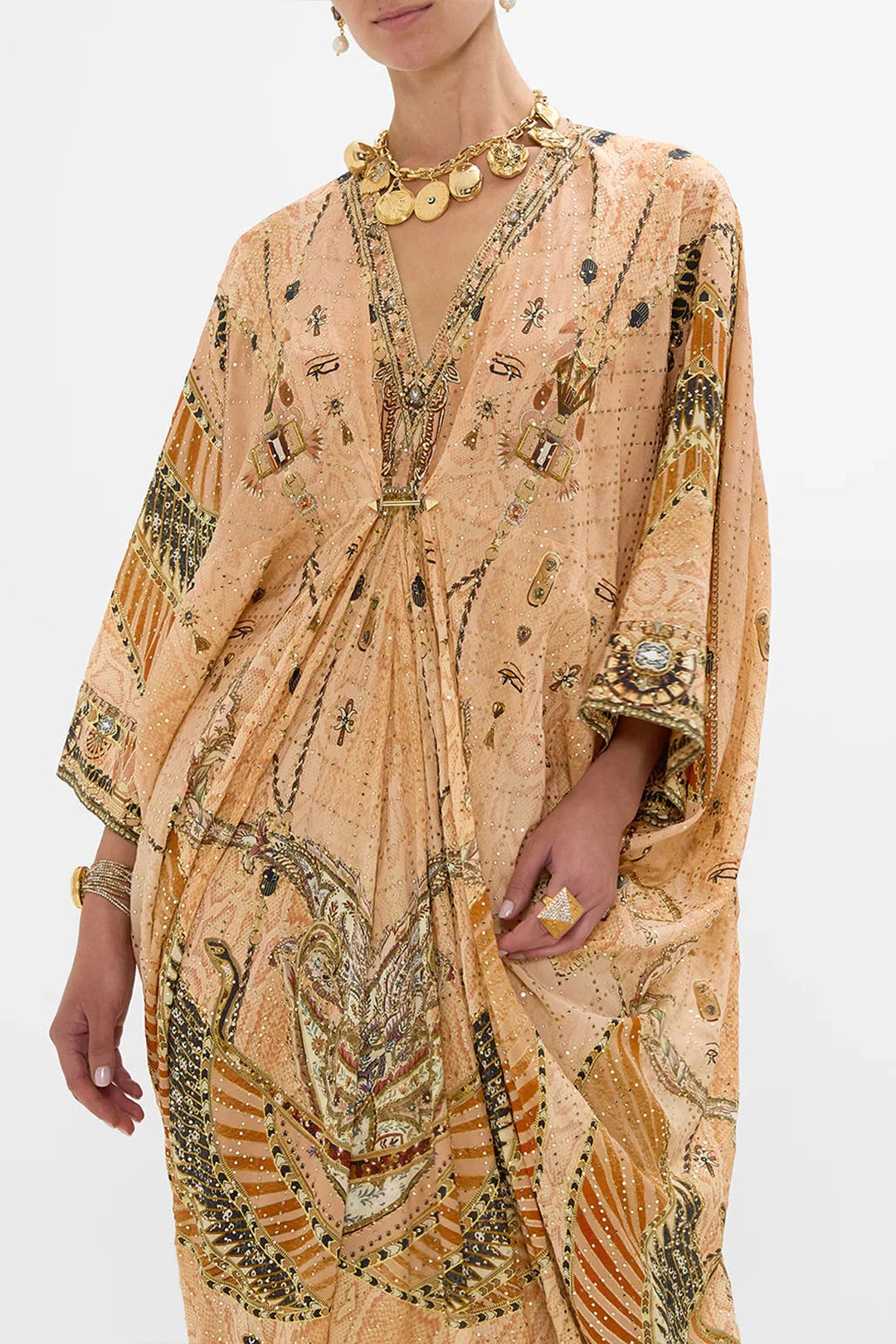 pierced v neck embellished kaftan, Kingdom of heiroglyphs