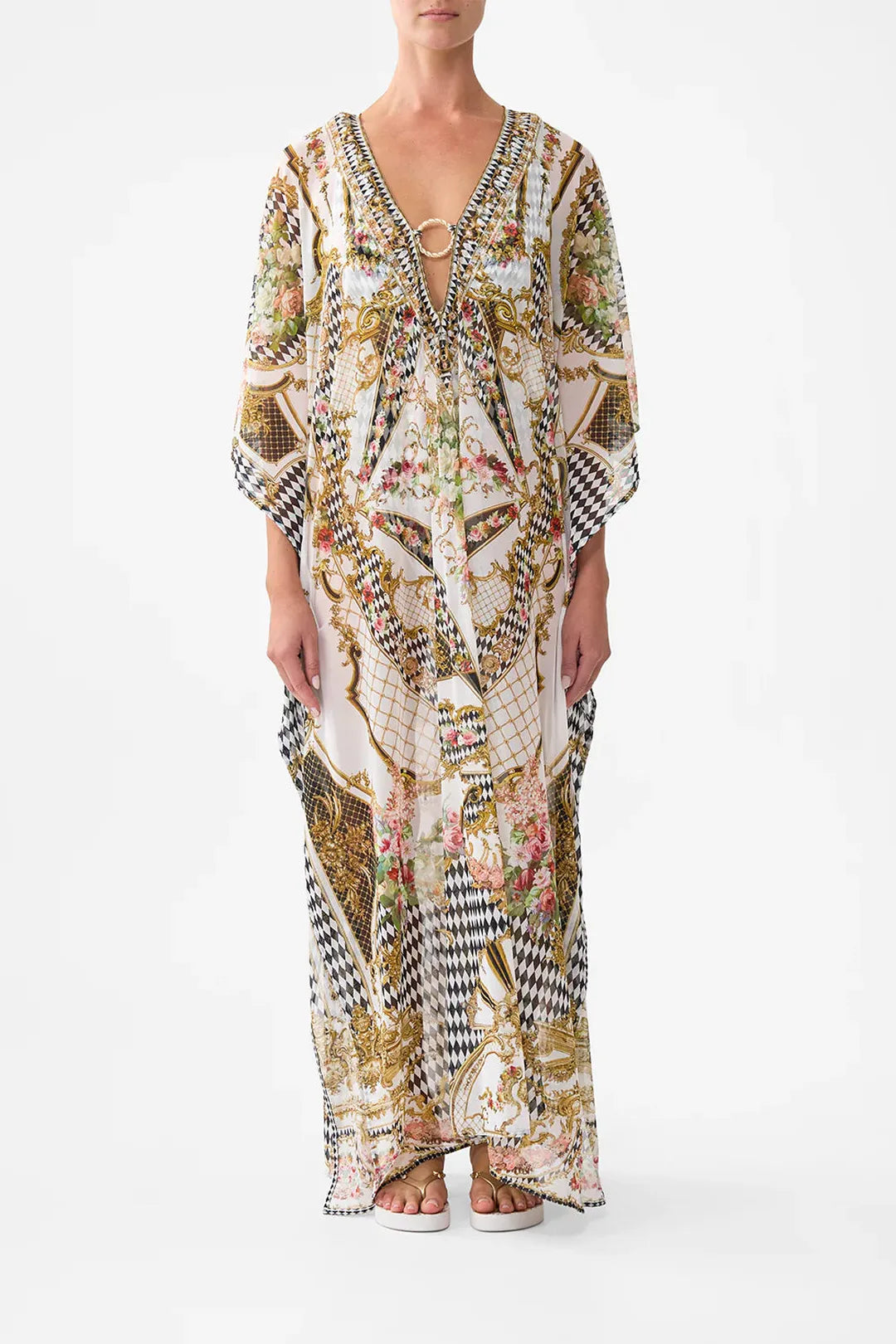 stretch mesh kaftan with trim, Rococo glow