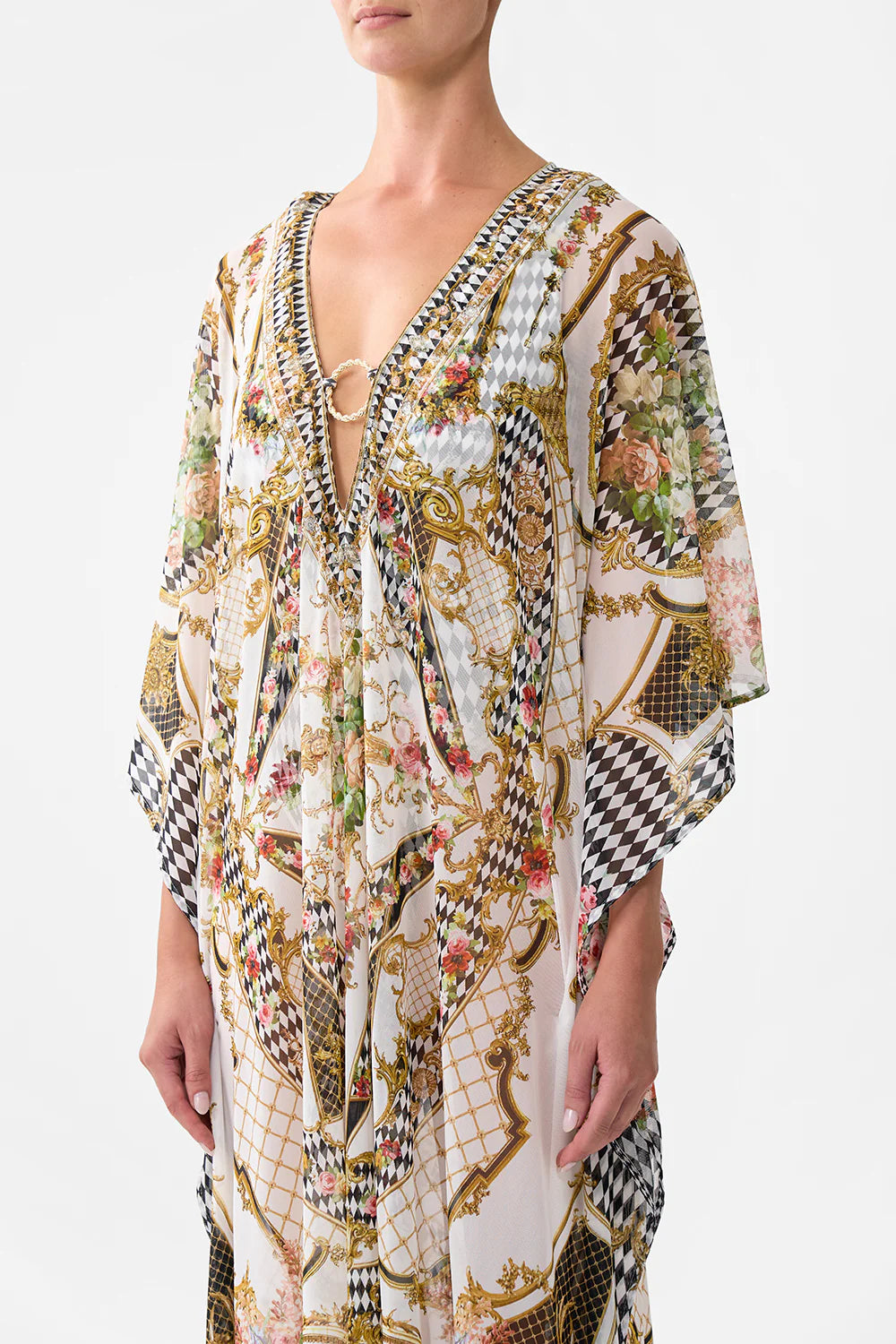 stretch mesh kaftan with trim, Rococo glow