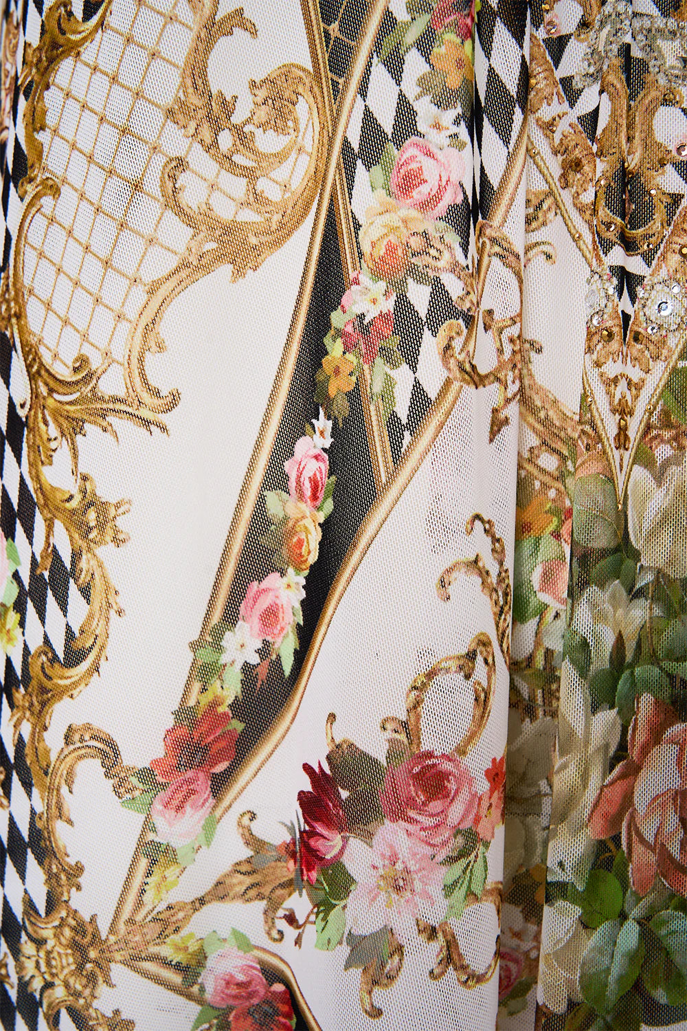 stretch mesh kaftan with trim, Rococo glow