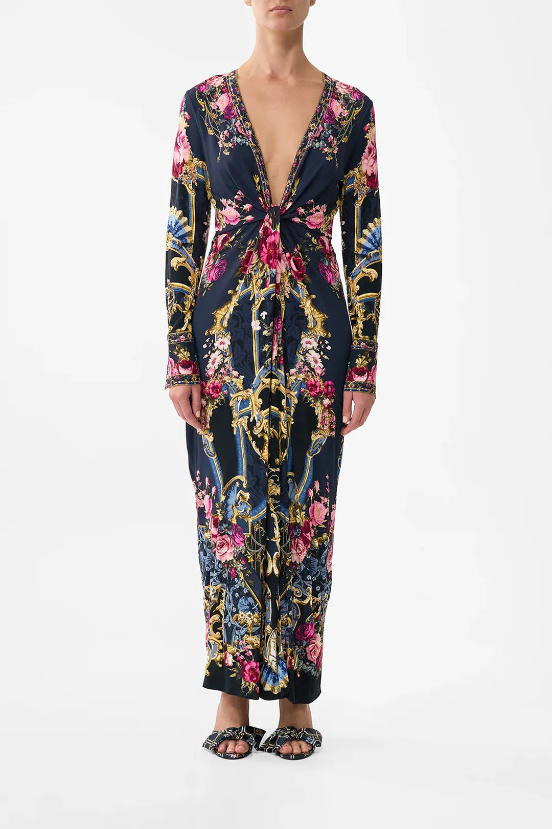 long v neck twist front jersey dress, Ornate on a plate