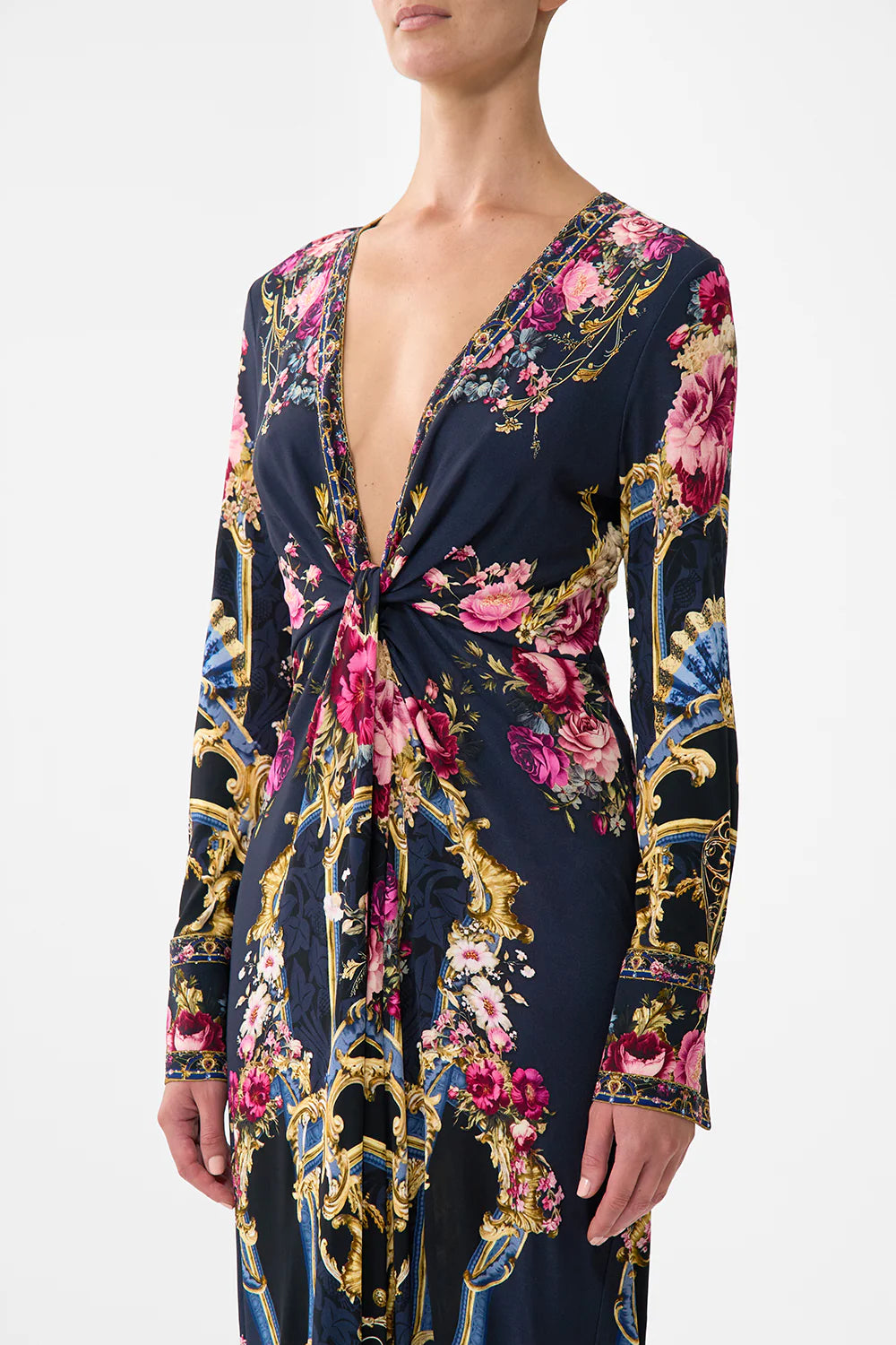 long v neck twist front jersey dress, Ornate on a plate