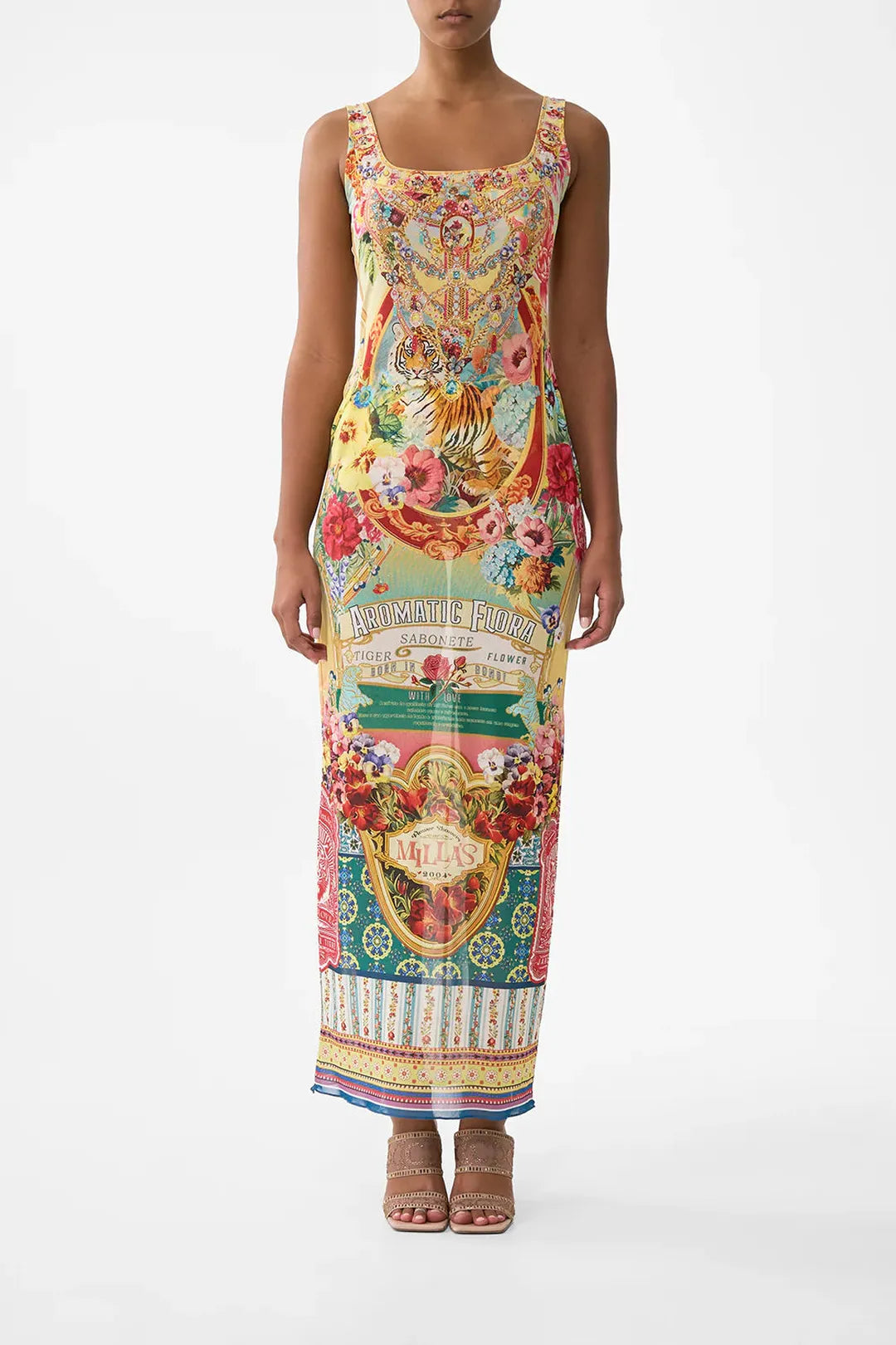 square neck long dress with low back, Aromatic tiger flower