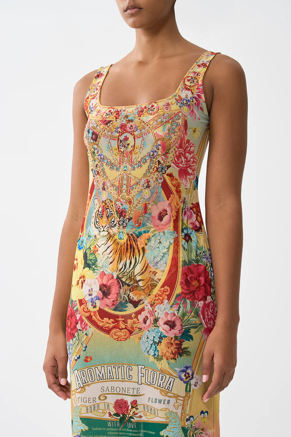 square neck long dress with low back, Aromatic tiger flower