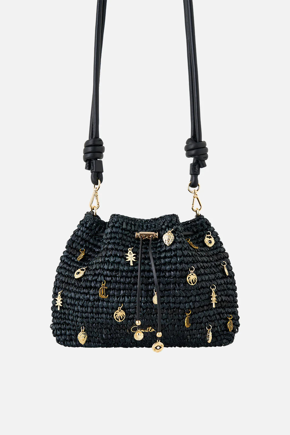 Raffia pouch bag with charms