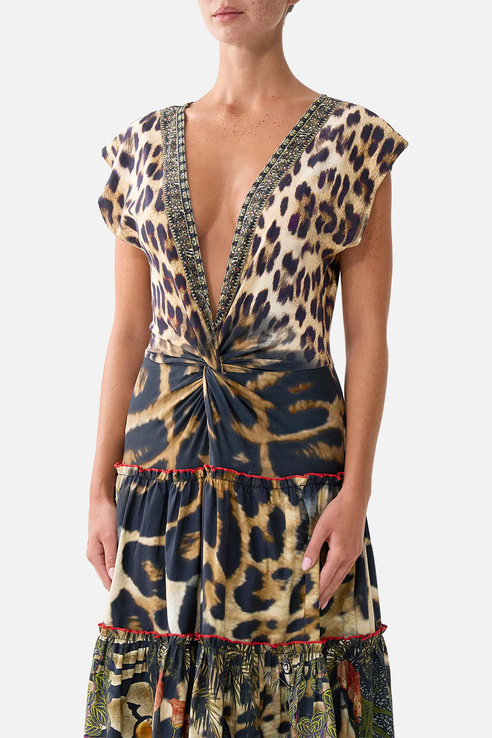cap sleeve twist front midi dress, Leotigra land