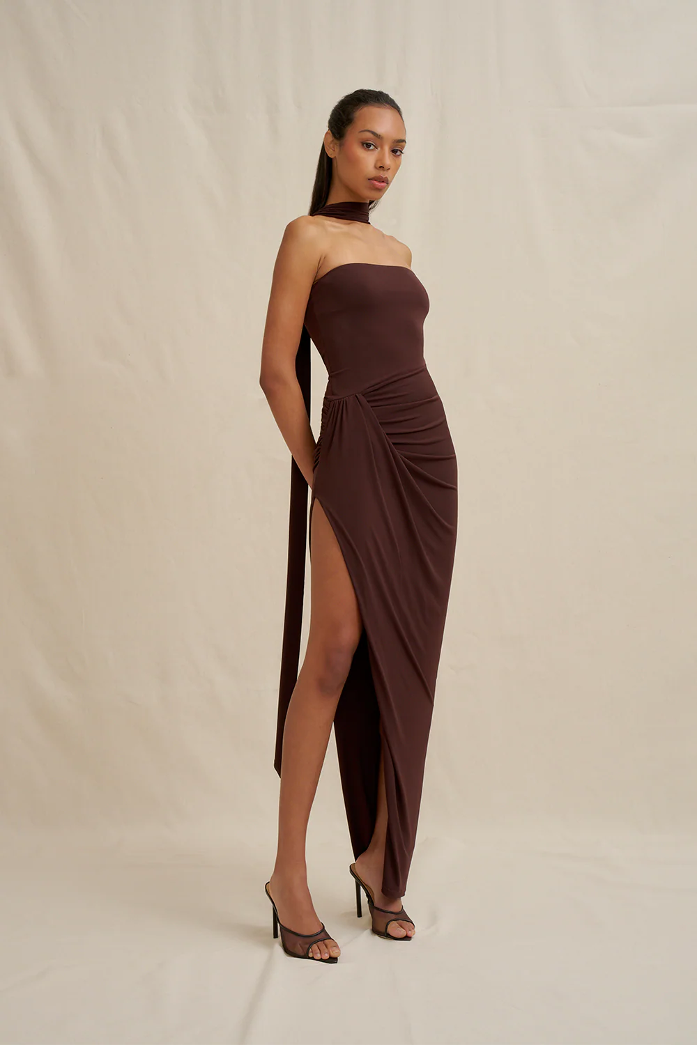 Claire strapless drape dress, brown