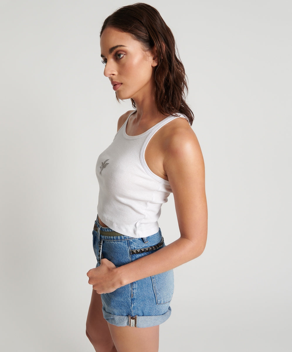 CROPPED BOWER BIRD RIBBED TANK TOP - WHITE