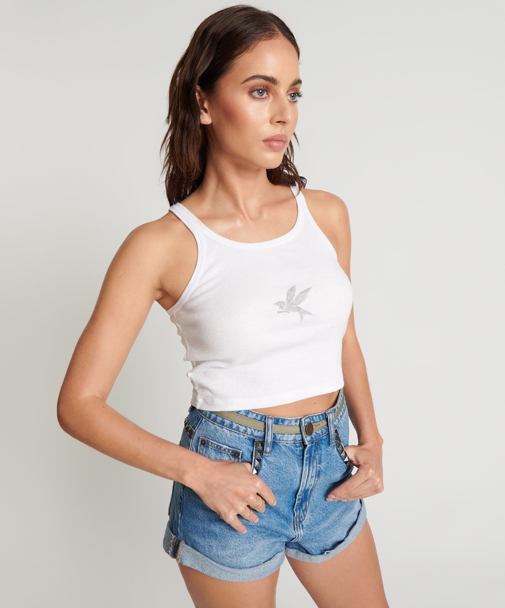 CROPPED BOWER BIRD RIBBED TANK TOP - WHITE