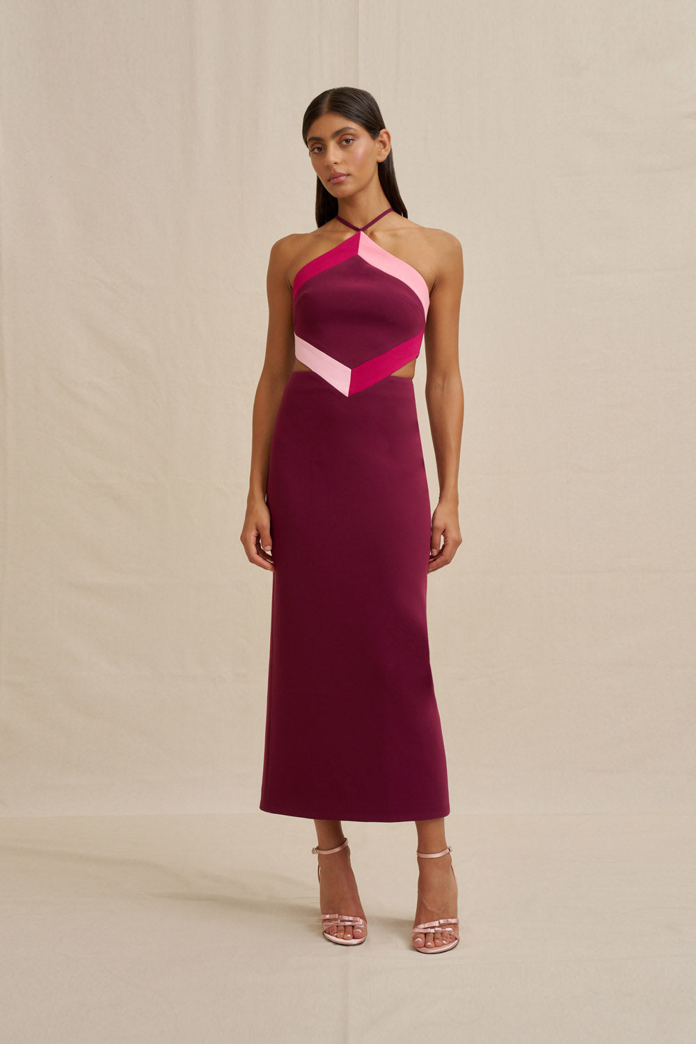 Diamond halter midi dress, wine/berry