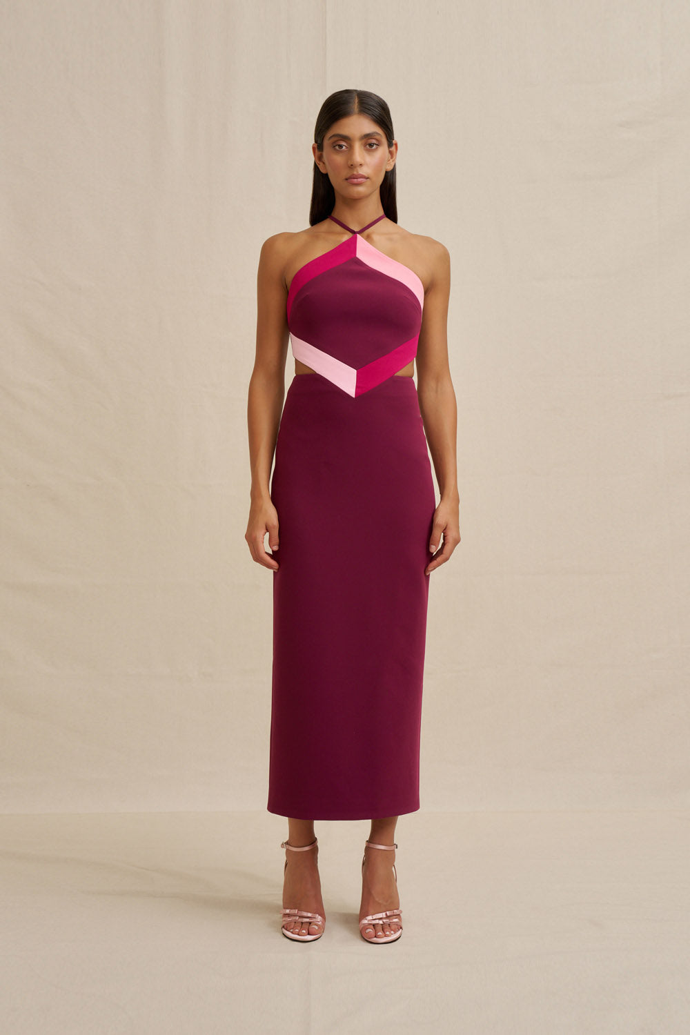 Diamond halter midi dress, wine/berry