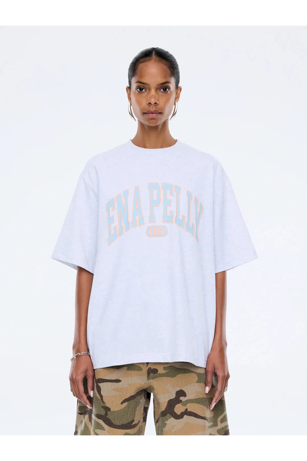 Blue collegiate tee, white marle