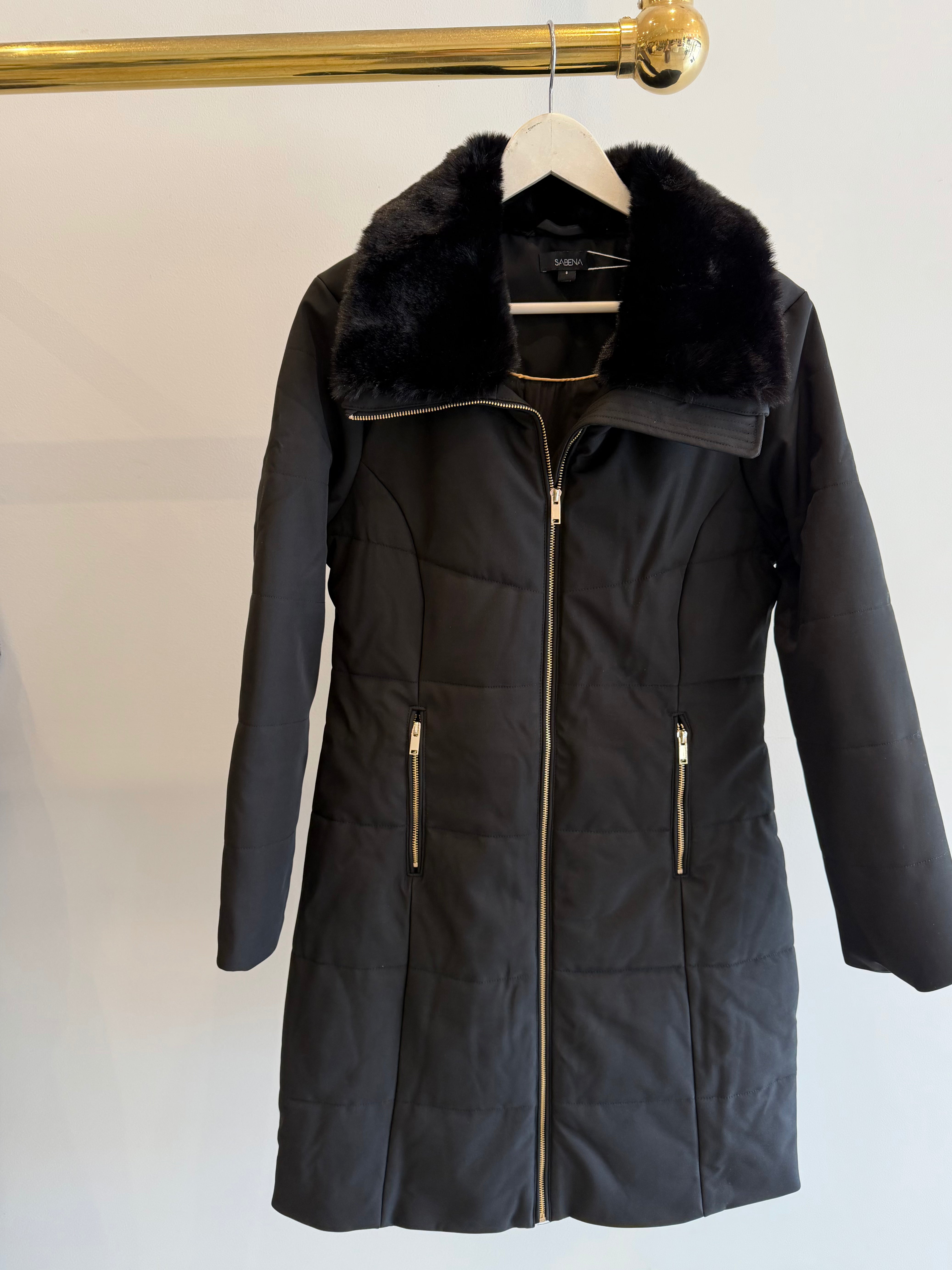 Long line puffer coat w/ fur trim