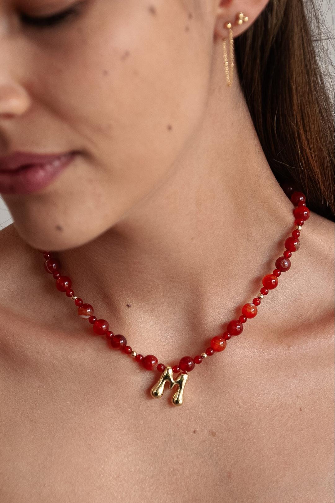 Beaded 'M' Carnelian letter necklace