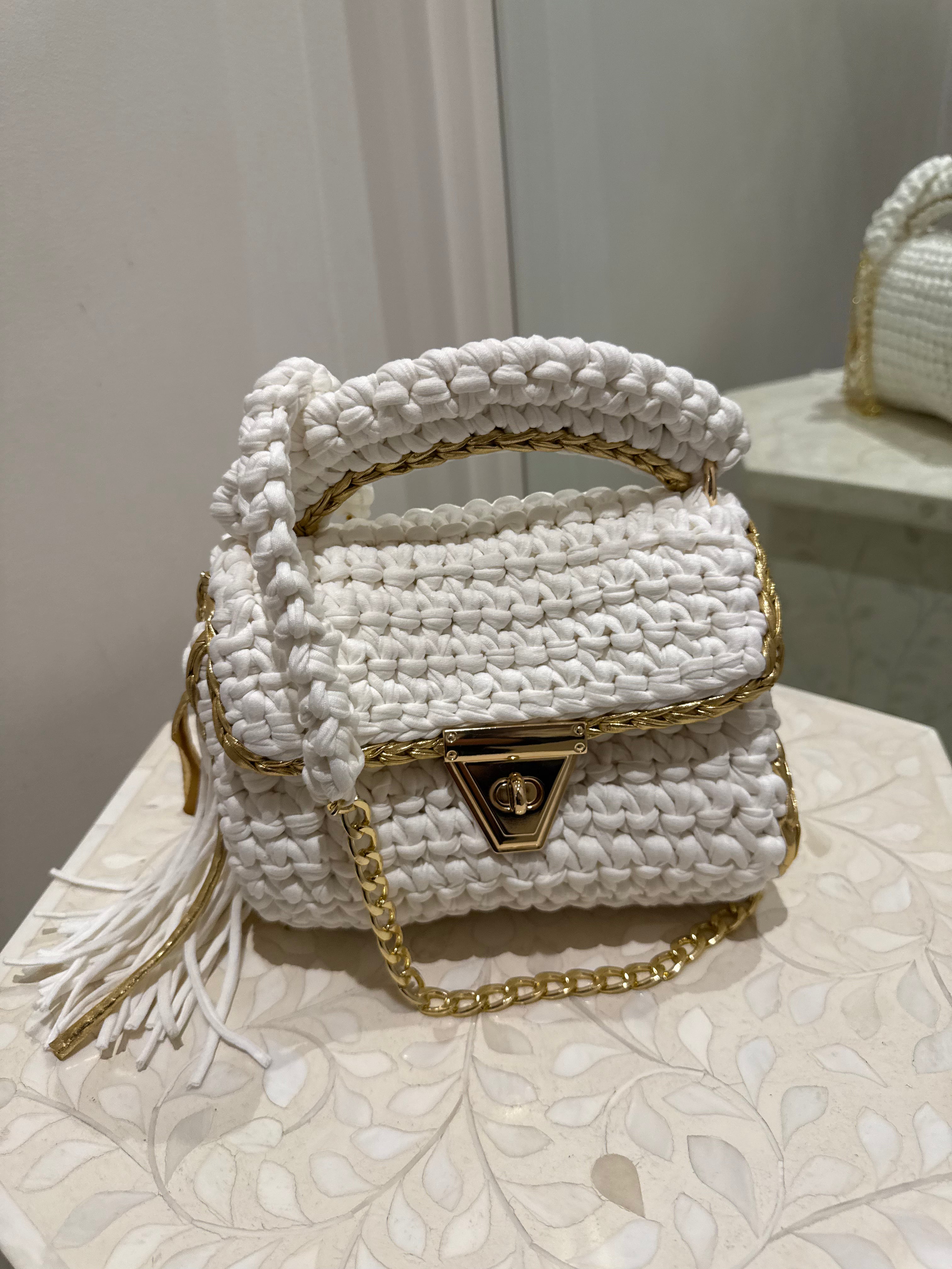 The covet crochet clutch, white/gold trim