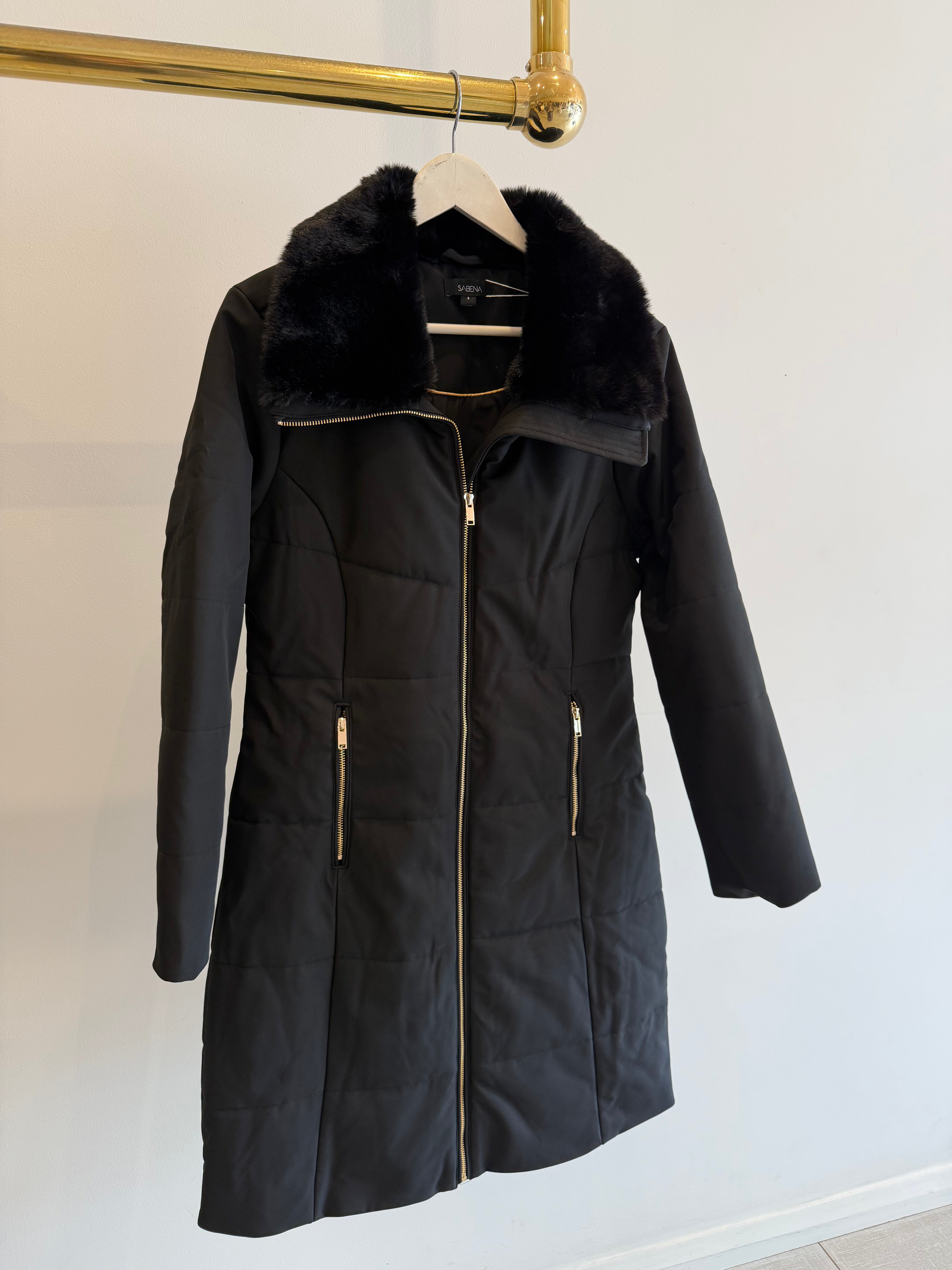 Long line puffer coat w/ fur trim