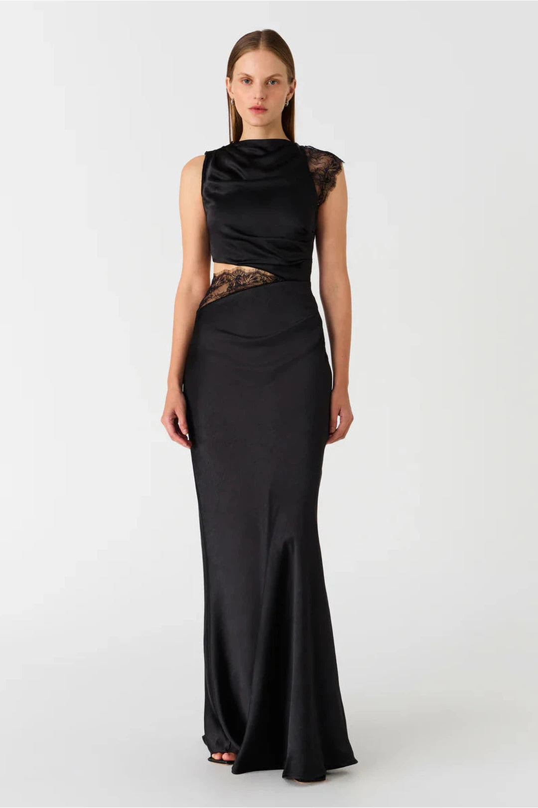 kimora satin & lace maxi dress, black