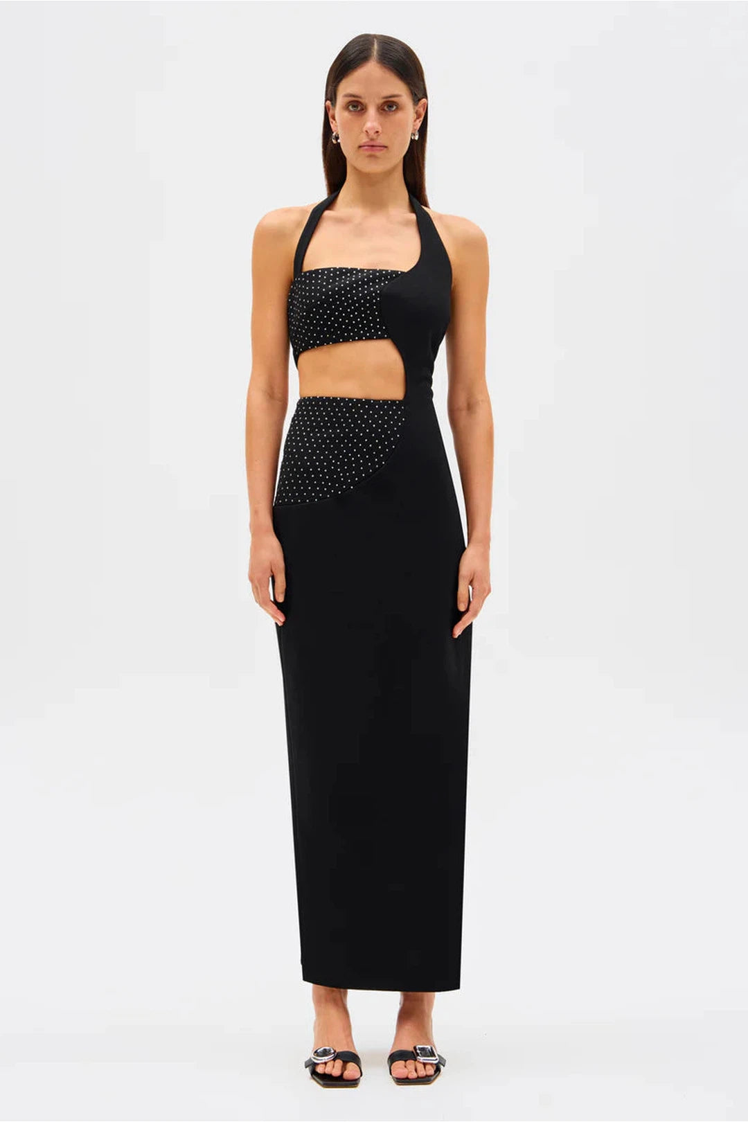 polina crepe & diamante maxi dress, black