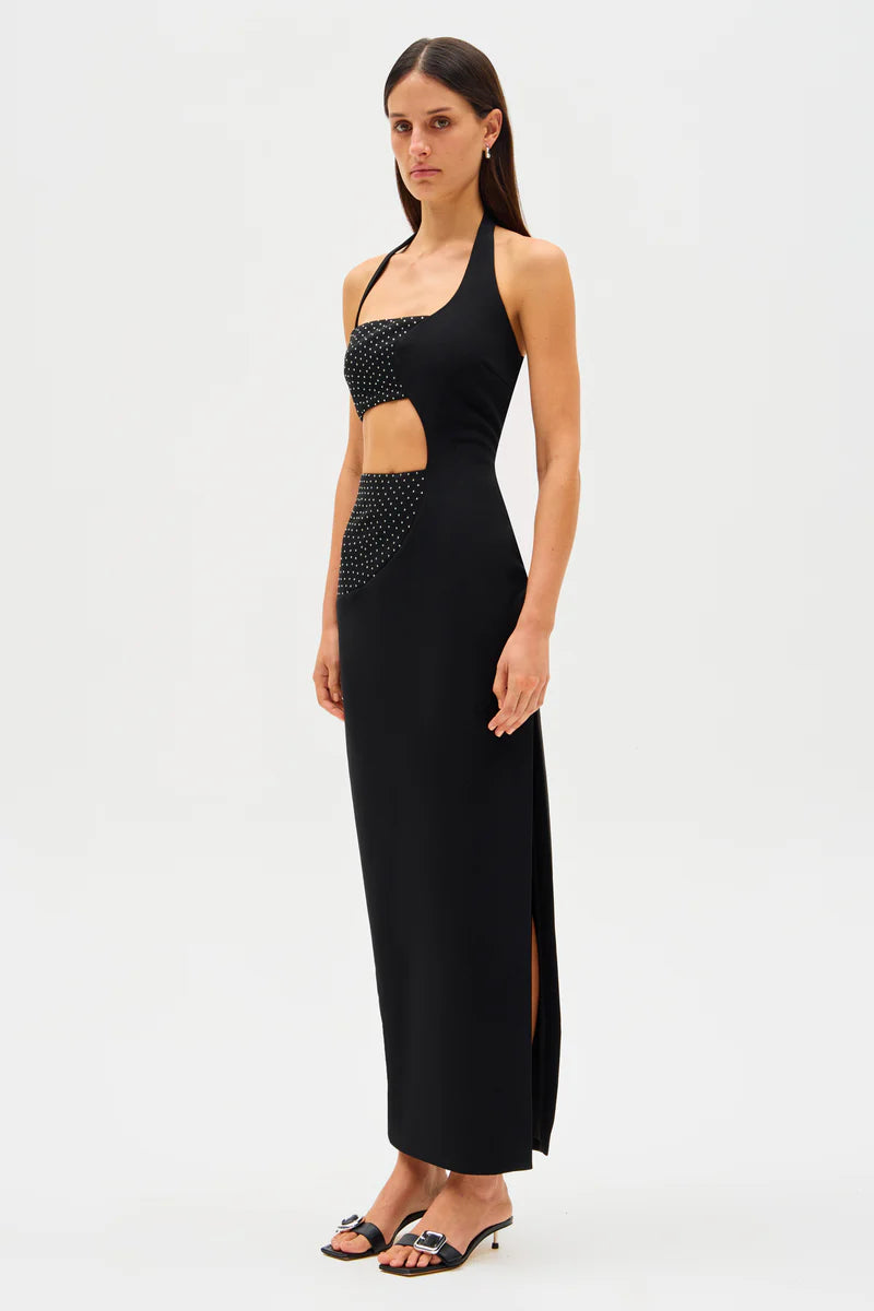 polina crepe & diamante maxi dress, black