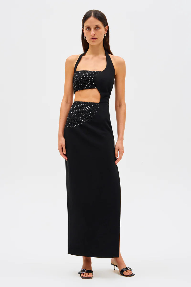 polina crepe & diamante maxi dress, black