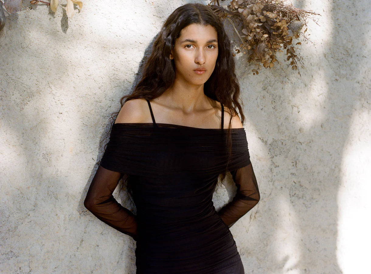 Mira Long Sleeve Off Shoulder Midi Dress - Black