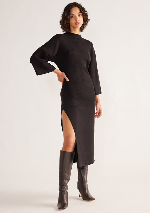 Wistful knit turtleneck midi dress, black