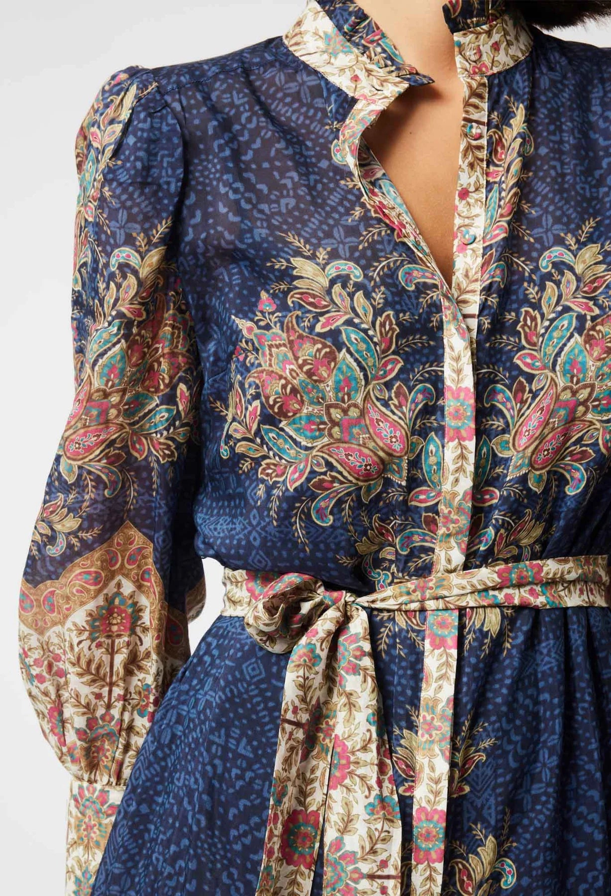 Imperial cotton silk contrast trim dress, oriental print