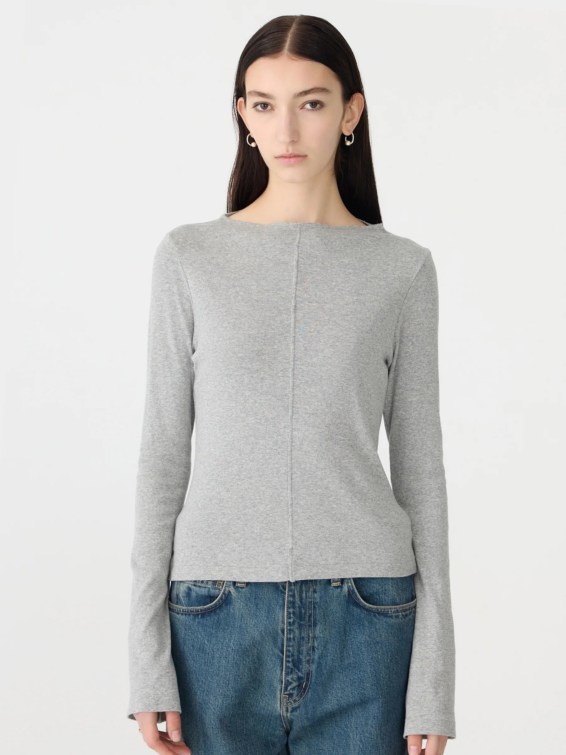 Front Seam Rib Long Sleeve T-Shirt, Grey marle