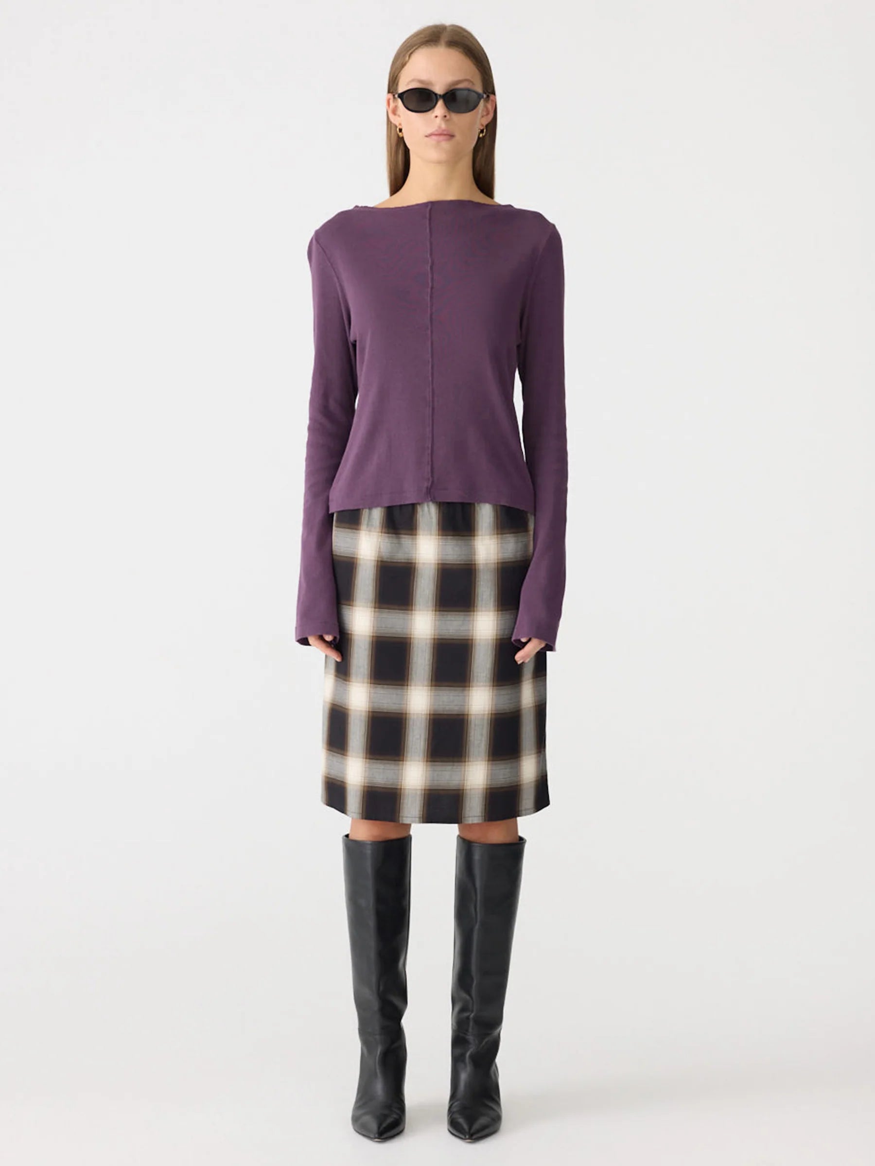 Front Seam Rib Long Sleeve T-Shirt, aubergine