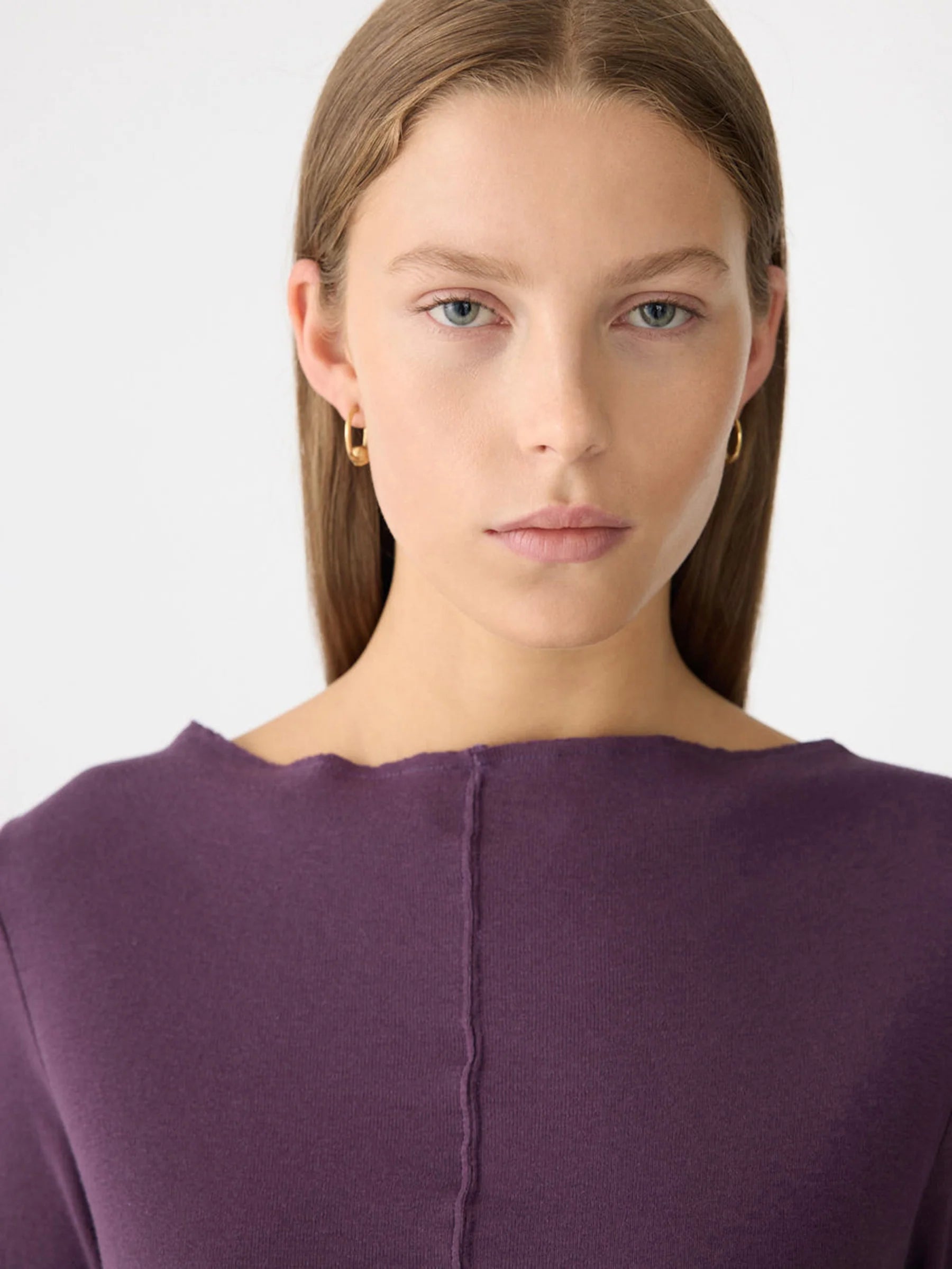 Front Seam Rib Long Sleeve T-Shirt, aubergine