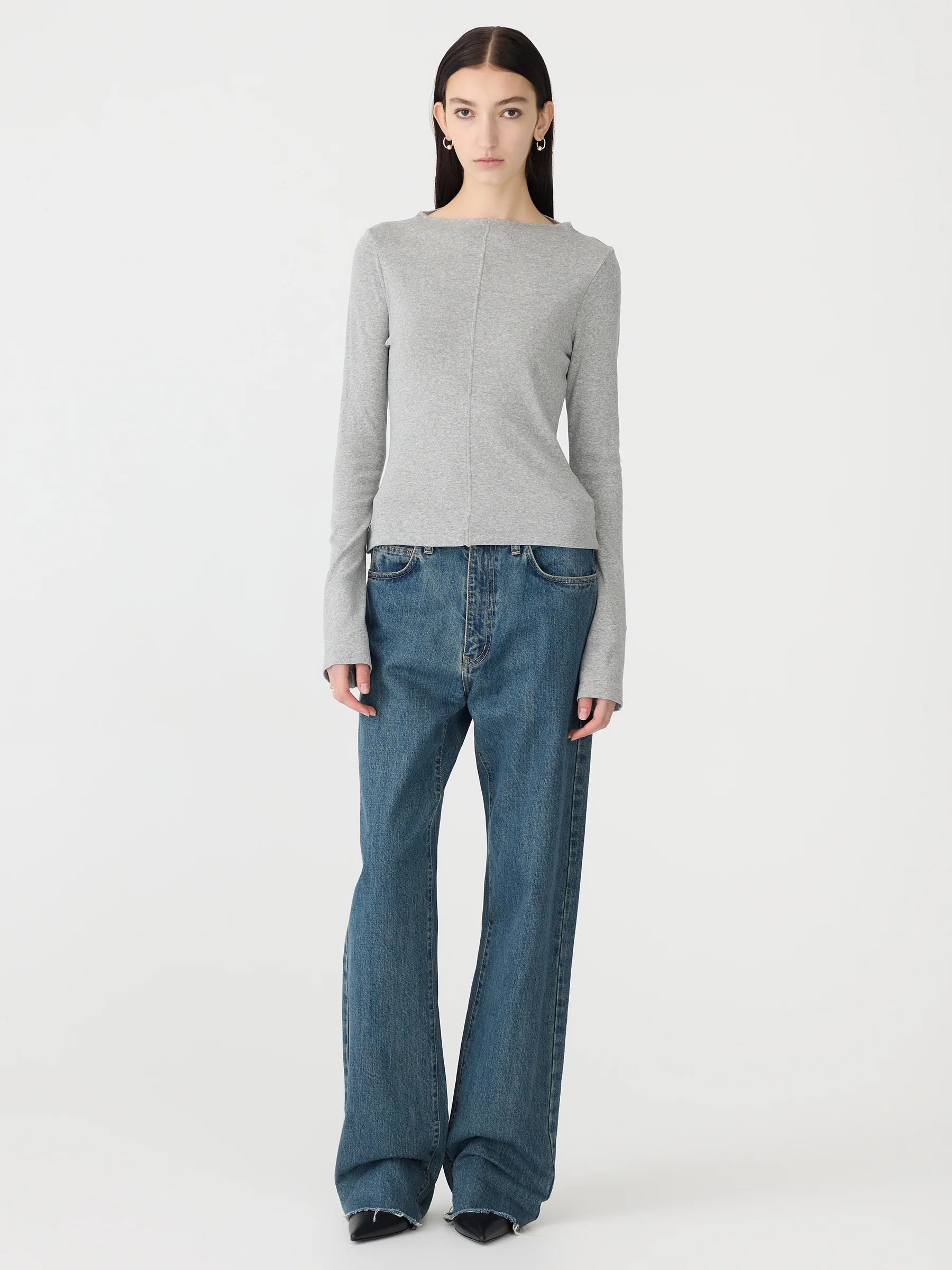 Front Seam Rib Long Sleeve T-Shirt, Grey marle