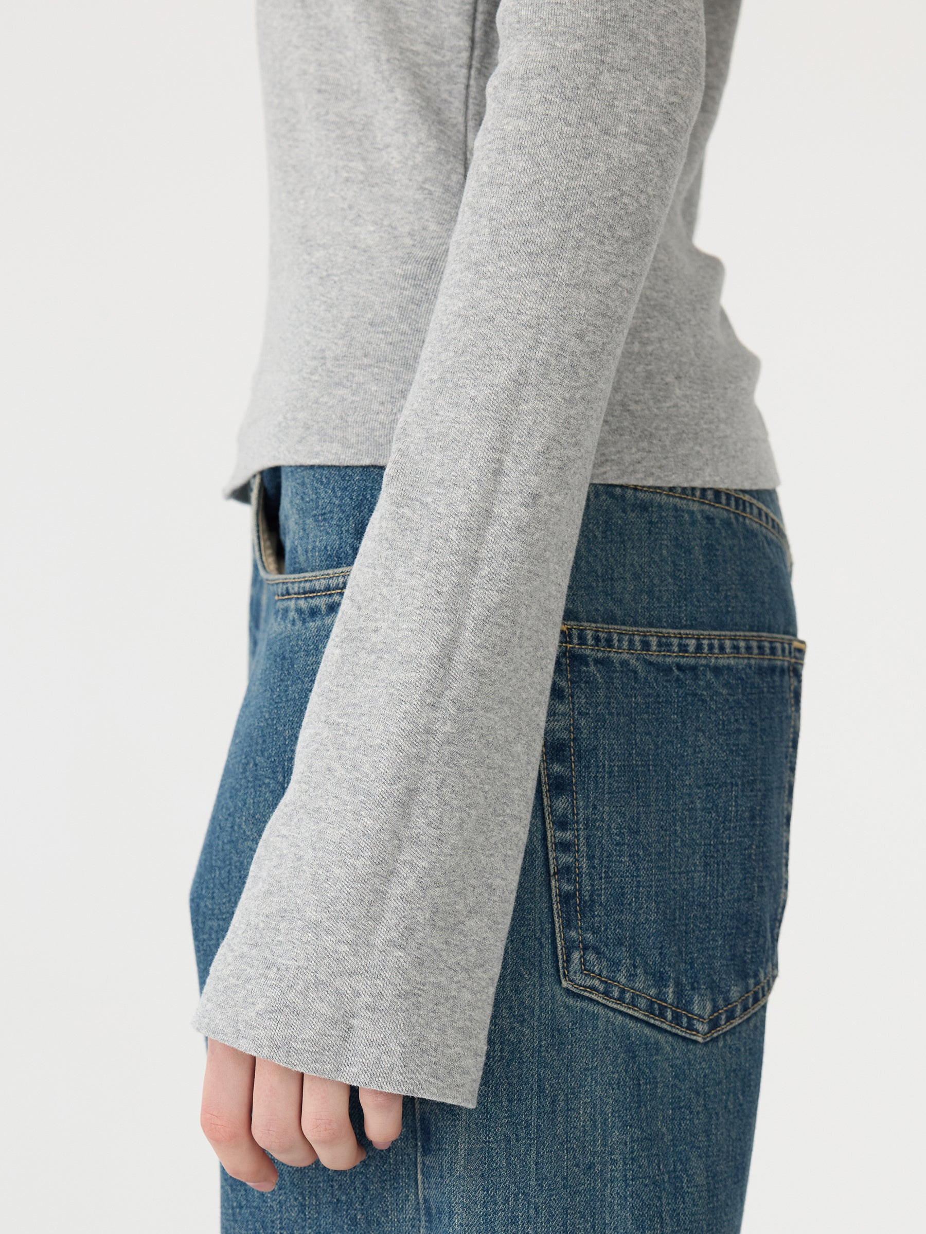 Front Seam Rib Long Sleeve T-Shirt, Grey marle