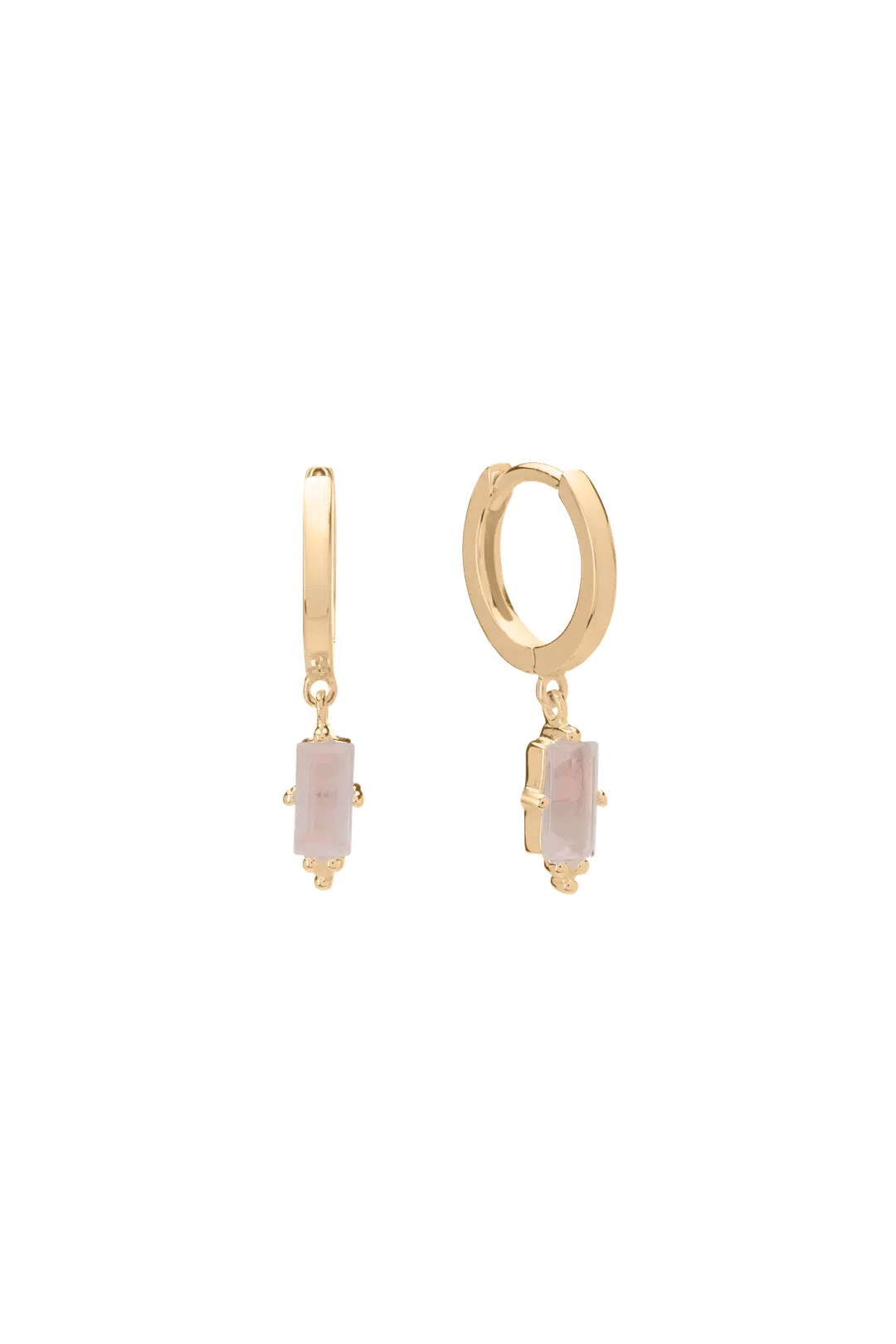 Huggie with Hanging Rose Quartz Baguette in 18KT Yellow Gold Plate