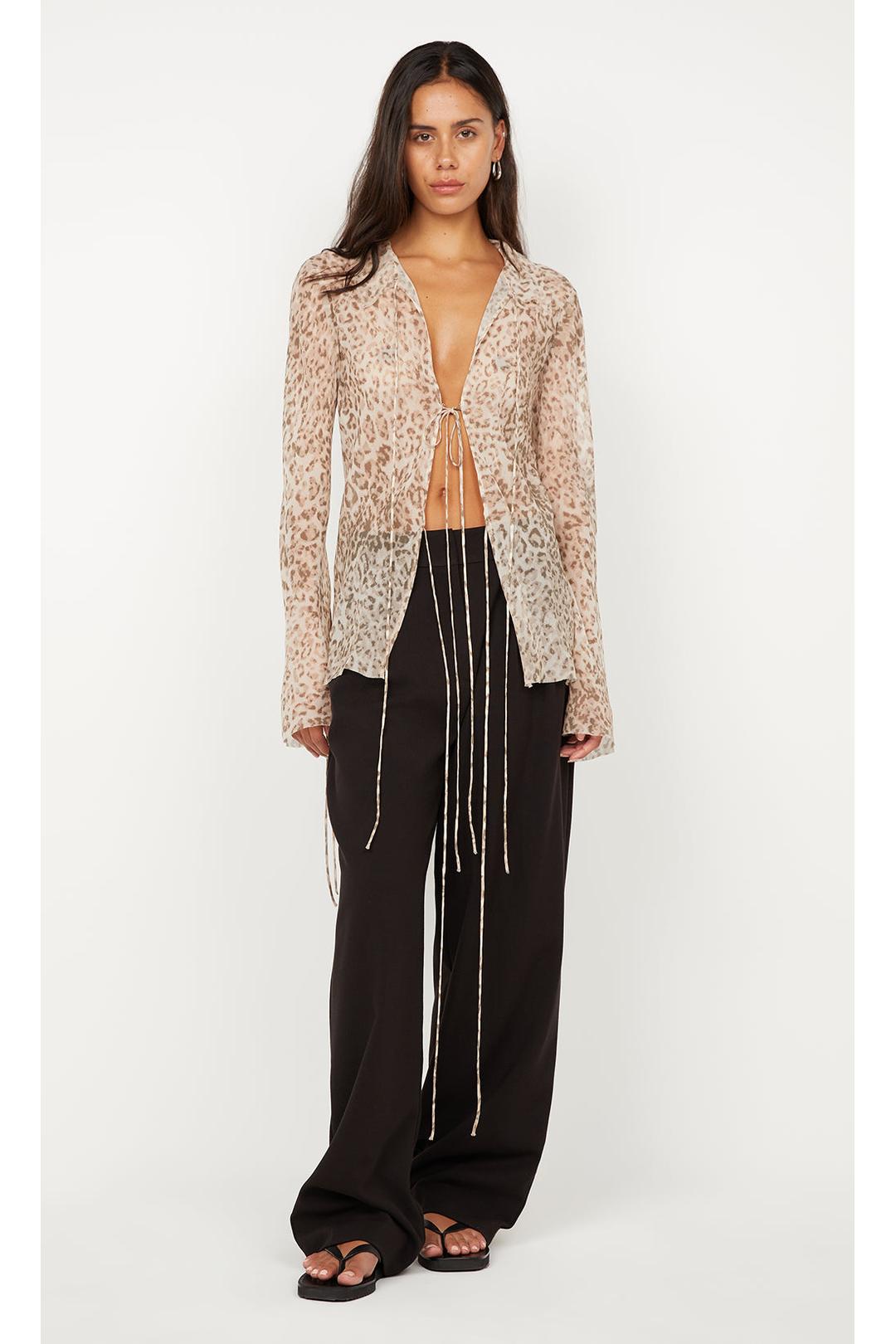 feline tie blouse, leopard faded