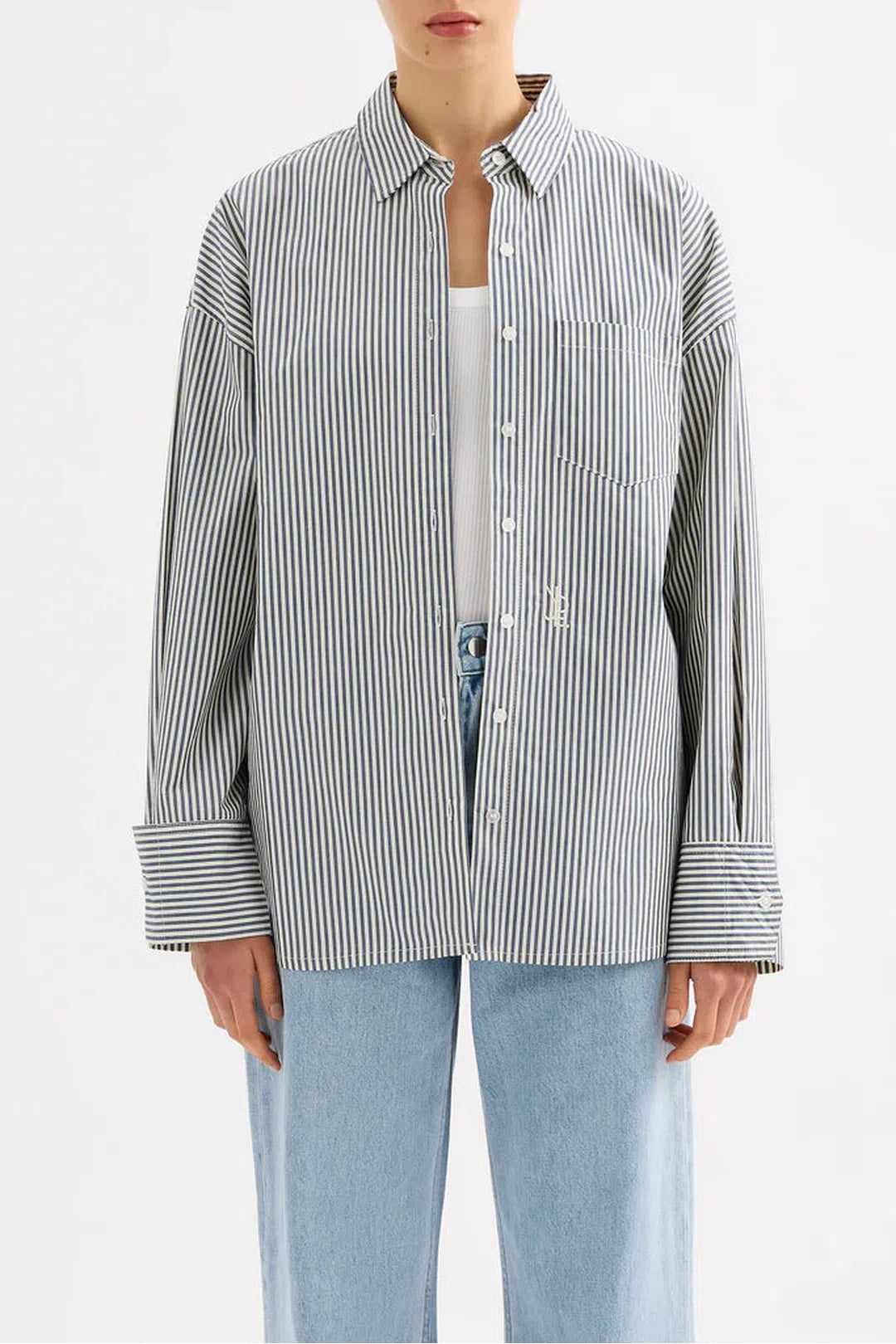 organic poplin shirt, navy stripe