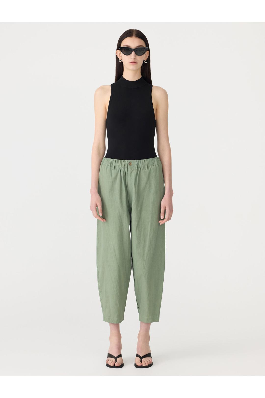 Crushed cotton summer pant, dark sage