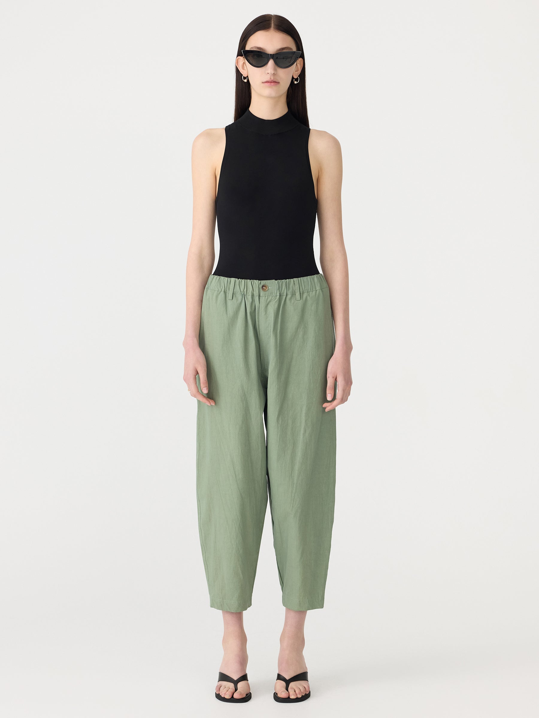 Crushed cotton summer pant, dark sage
