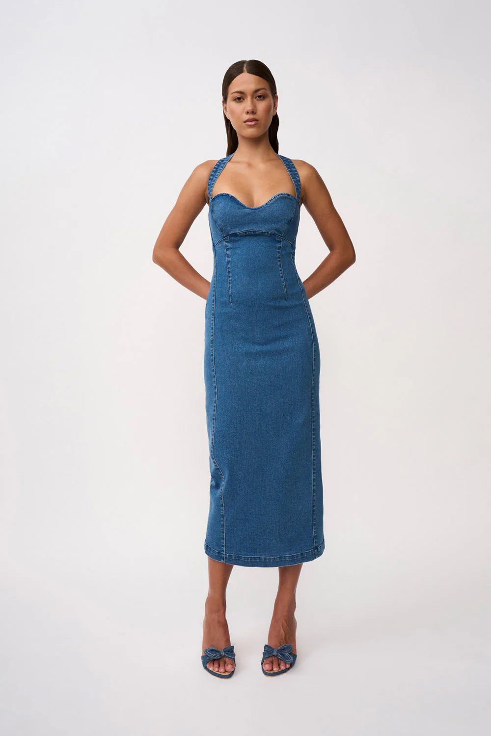 Savannah denim halter midi dress, blue denim