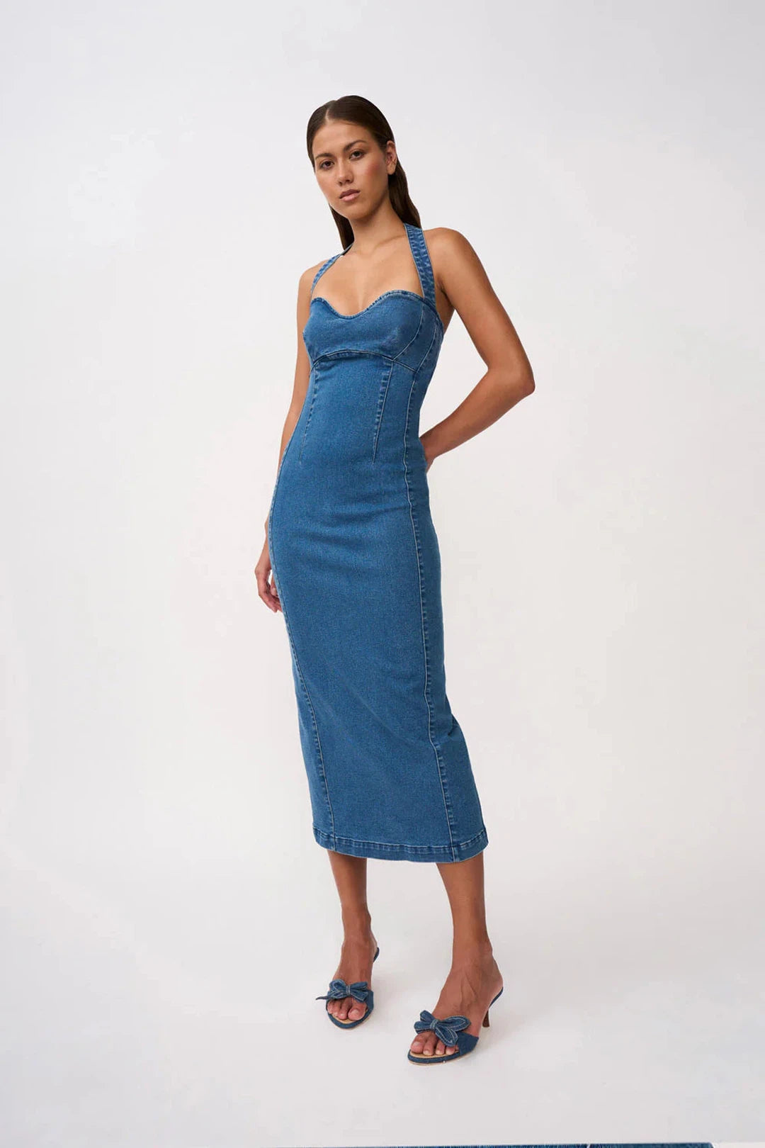 Savannah denim halter midi dress, blue denim