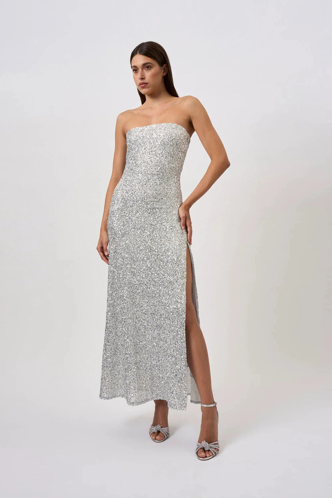 Skylar sequin long line dress, brushed silver